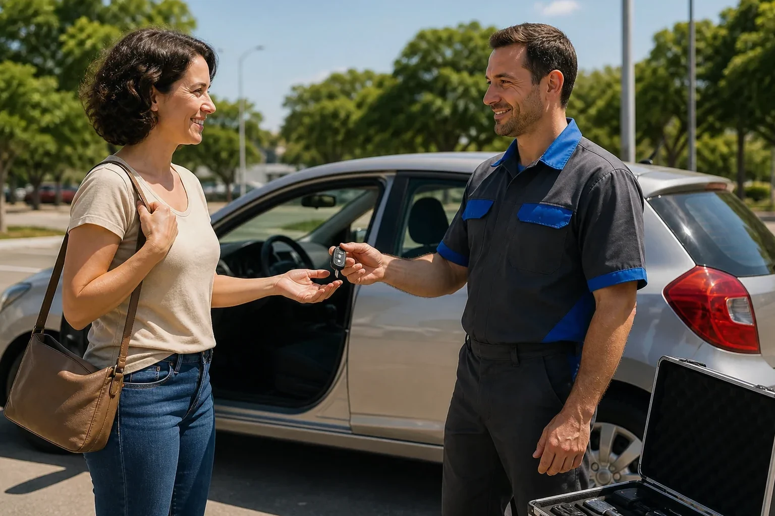 Chaveiro abrindo um carro moderno em Marabá com ferramentas de abertura.