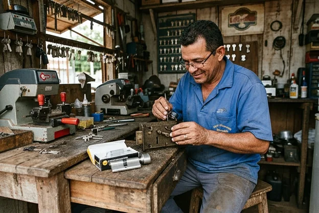 Chaveiro comparando fechaduras em Marabá, destacando a necessidade de troca.