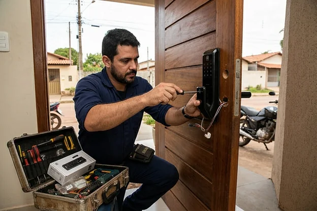 Chaveiro instalando uma fechadura digital em Marabá, demonstrando a nova tecnologia.