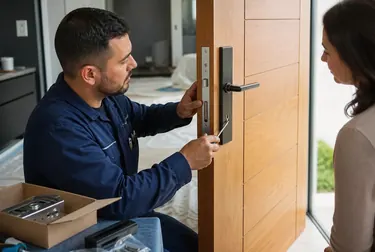 Chaveiro instalando uma fechadura em uma porta em Marabá, com ferramentas de instalação.